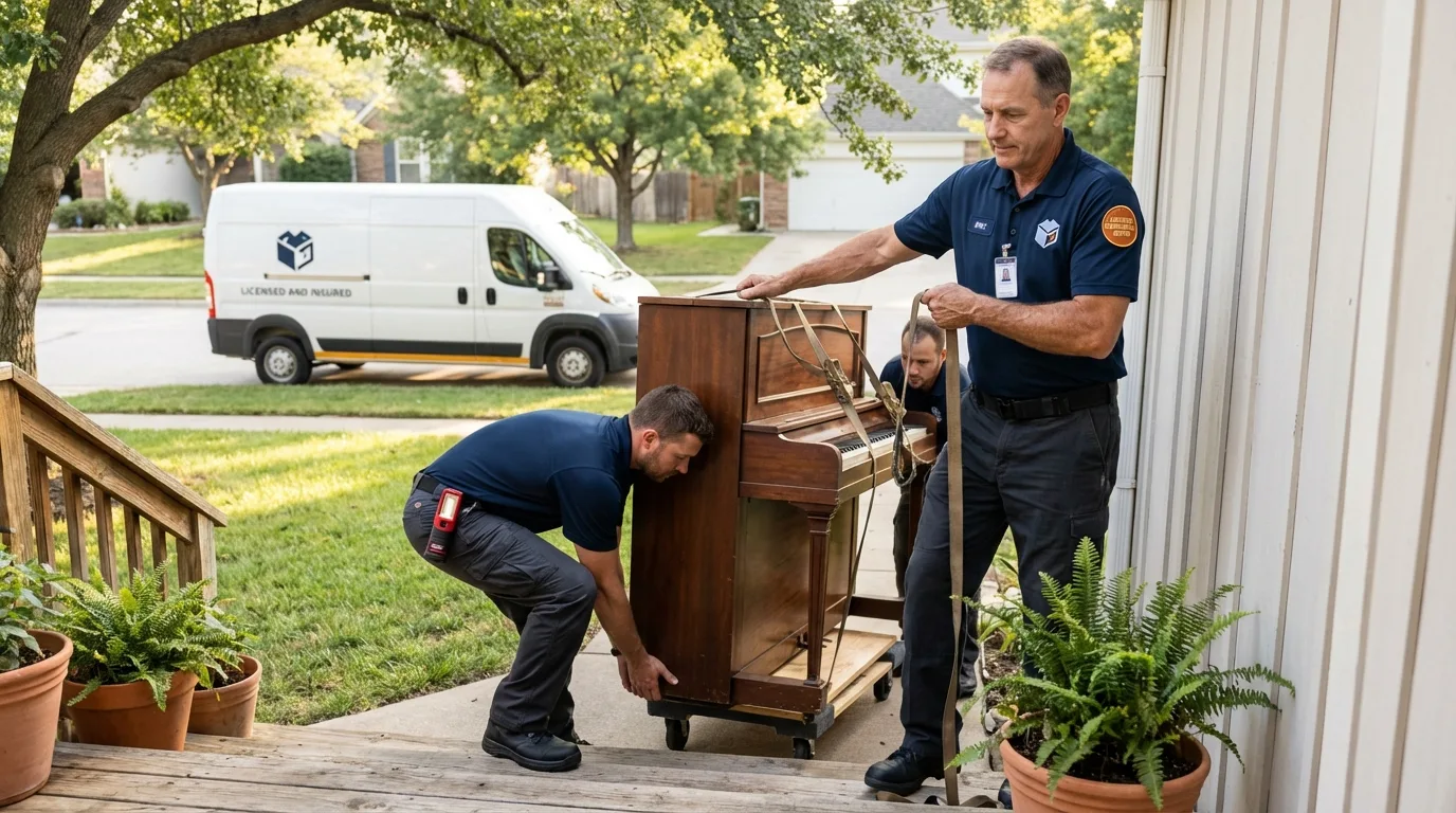 Licensed piano movers securing grand piano in Houck, AZ