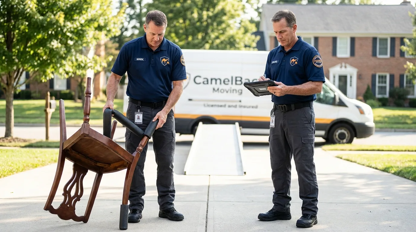 Movers inspecting furniture for damage prevention before loading in Houck, AZ